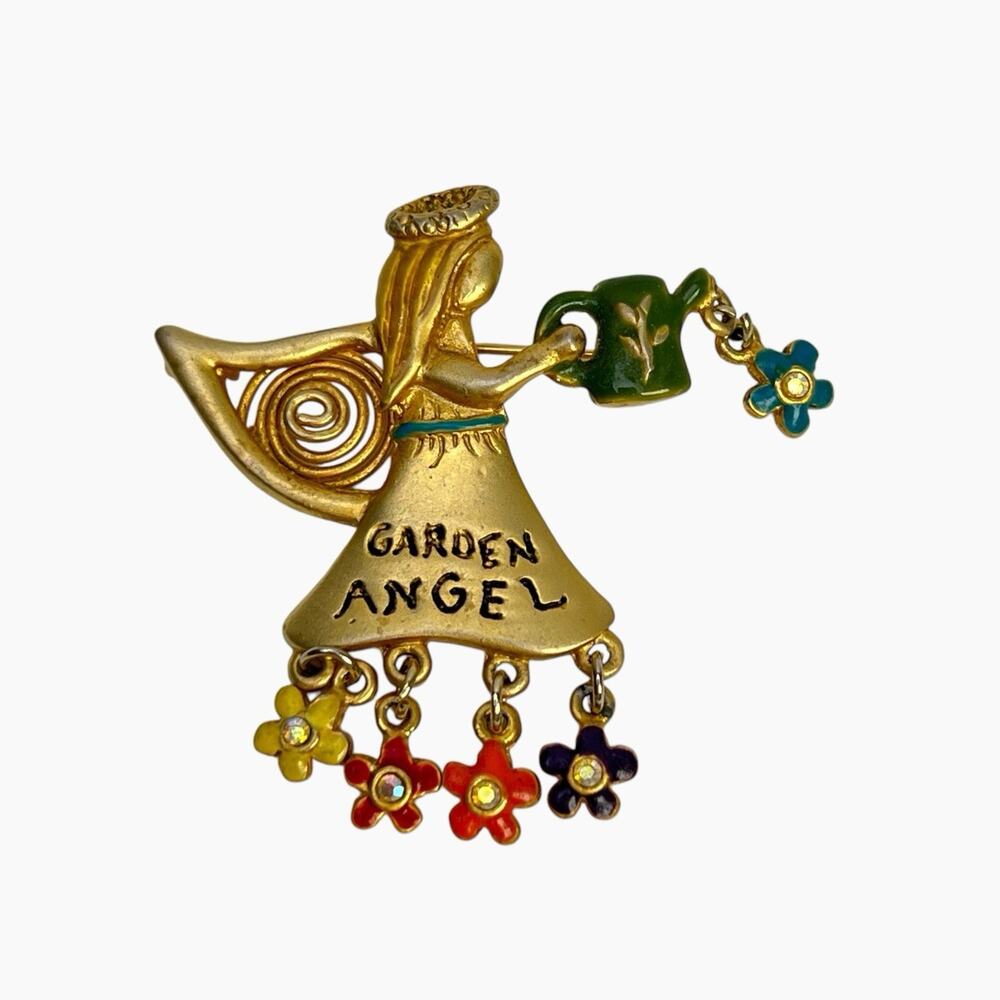 Vintage KC AB Rhinestones Brooch Garden Angel Pin Dangle Flowers Gold Tone